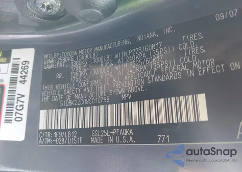2008 Toyota Sienna Limited from USA, damaged, VIN 5TDBK22C08S010798